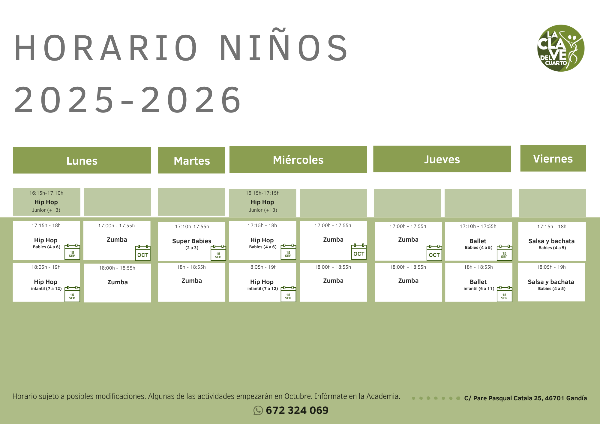 Horario clases de baile para niños en gandia